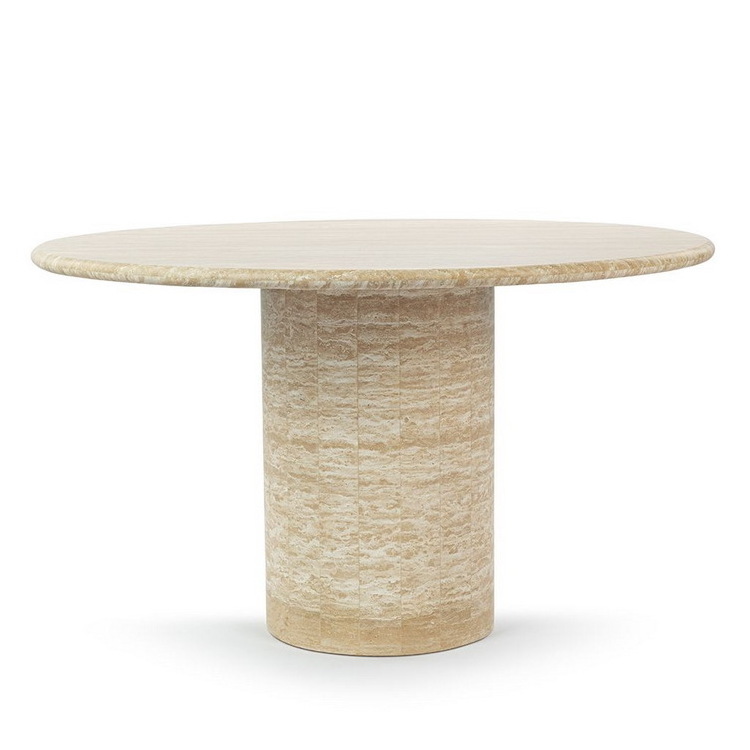 Luxury Dining Table Set Cosette Round Travertine Cylinder Pedestal Base Dining Tables