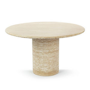 Luxury Dining Table Set Cosette Round Travertine Cylinder Pedestal Base Dining Tables