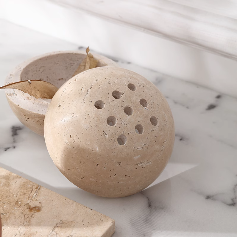 Elegant Interior Table Decoration 9 Holes Stone Round Incense Burner Travertine Hole Aromatherapy Burner