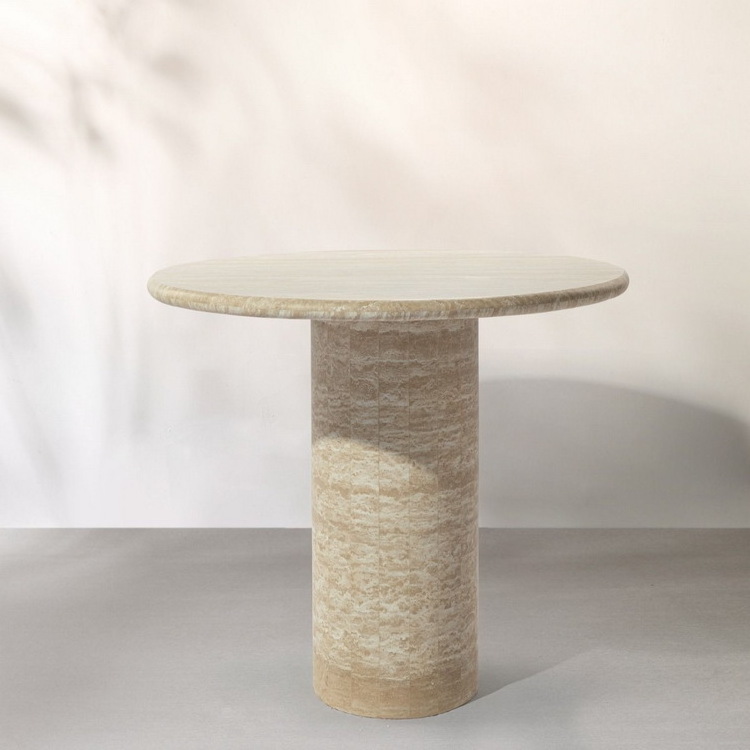 Luxury Dining Table Set Cosette Round Travertine Cylinder Pedestal Base Dining Tables