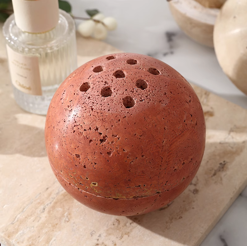 Elegant Interior Table Decoration 9 Holes Stone Round Incense Burner Travertine Hole Aromatherapy Burner