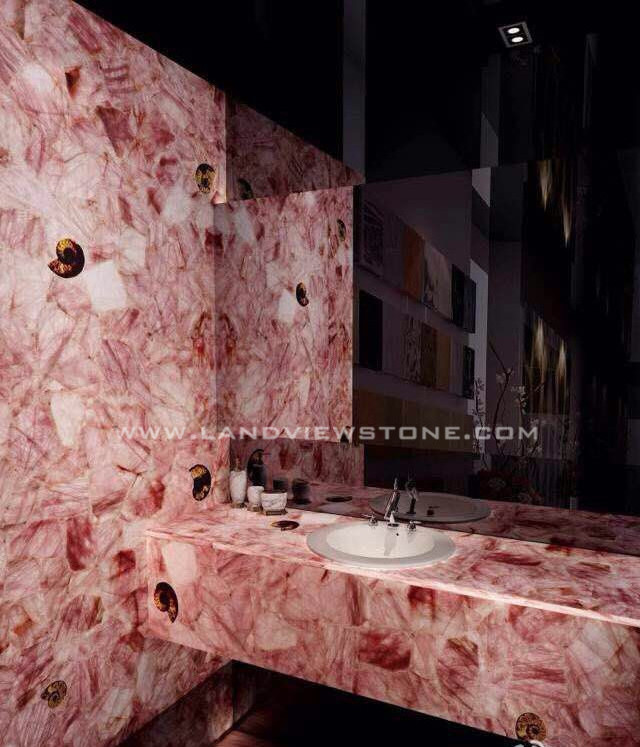 Pink Cristallo Quartz Crystal Quartz  Semiprecious Stone Table Kitchen Island Countertop and Bar Top