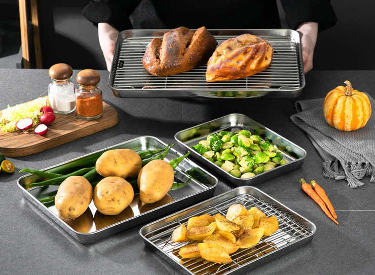 Lanejoy Stainless Steel Baking Sheet Tray Cooling Rack Set Flat Baking Tray With Rack