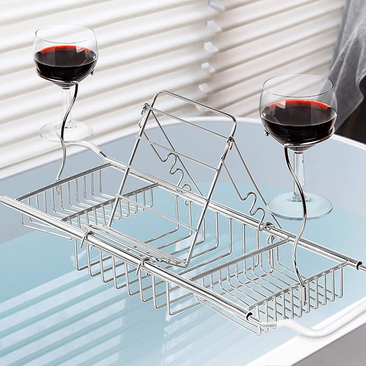 Stainless Steel Bathtub Shelf Caddy Tray Over Bath Tub Racks Shower Organizer Removable Wine Glass Book Holder