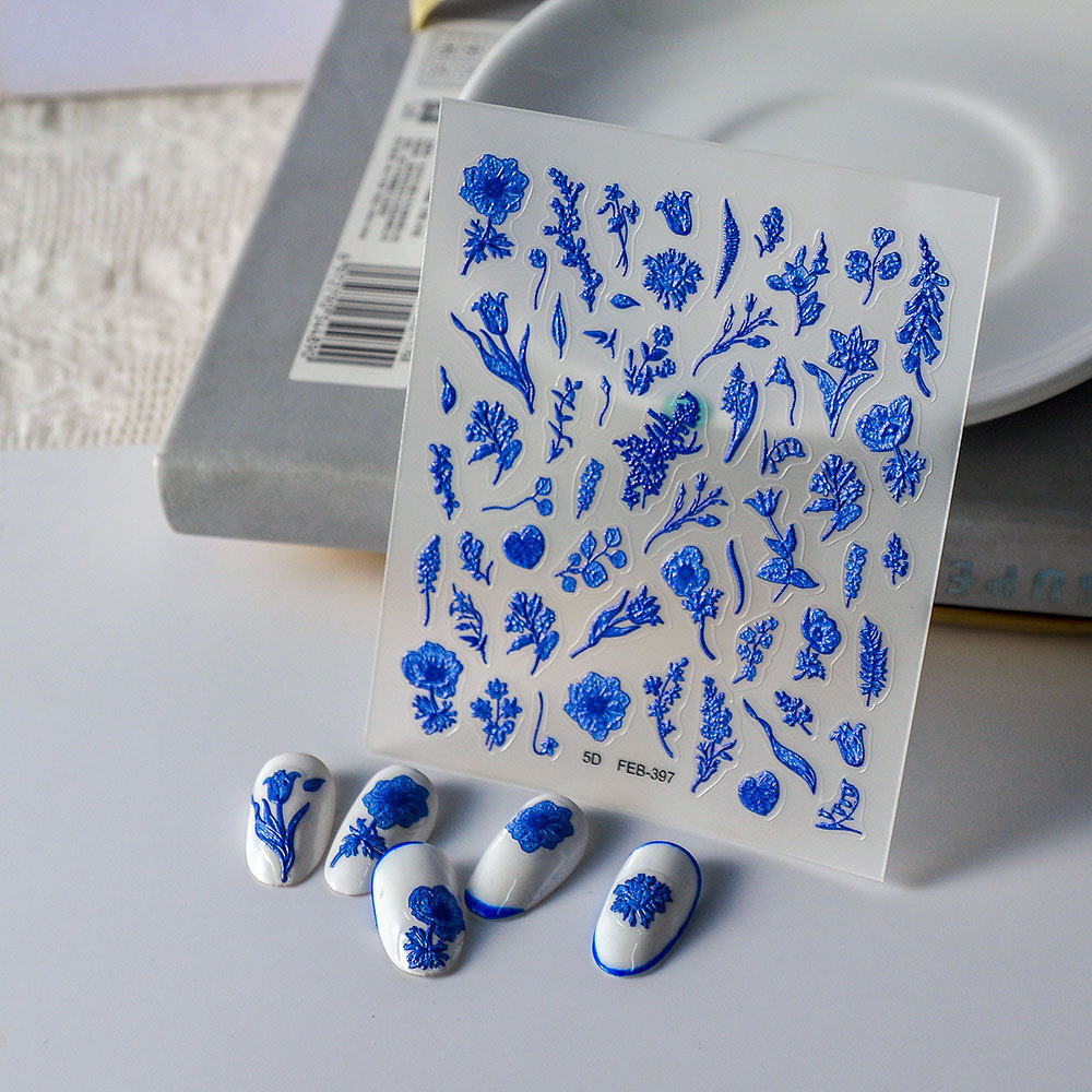 Hot 5D Blue Flower Pattern Nail Art Sticker