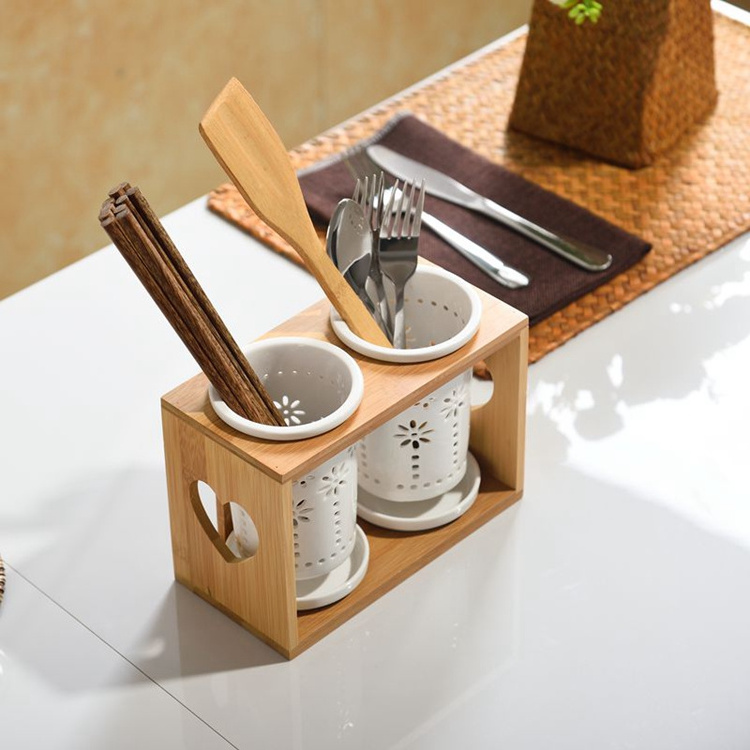 Lanfengye Hot Sale Storage Kitchenware Utensil Chopstick Spoon Fork  Holder Kitchenware Holder Set with Wooden Stand