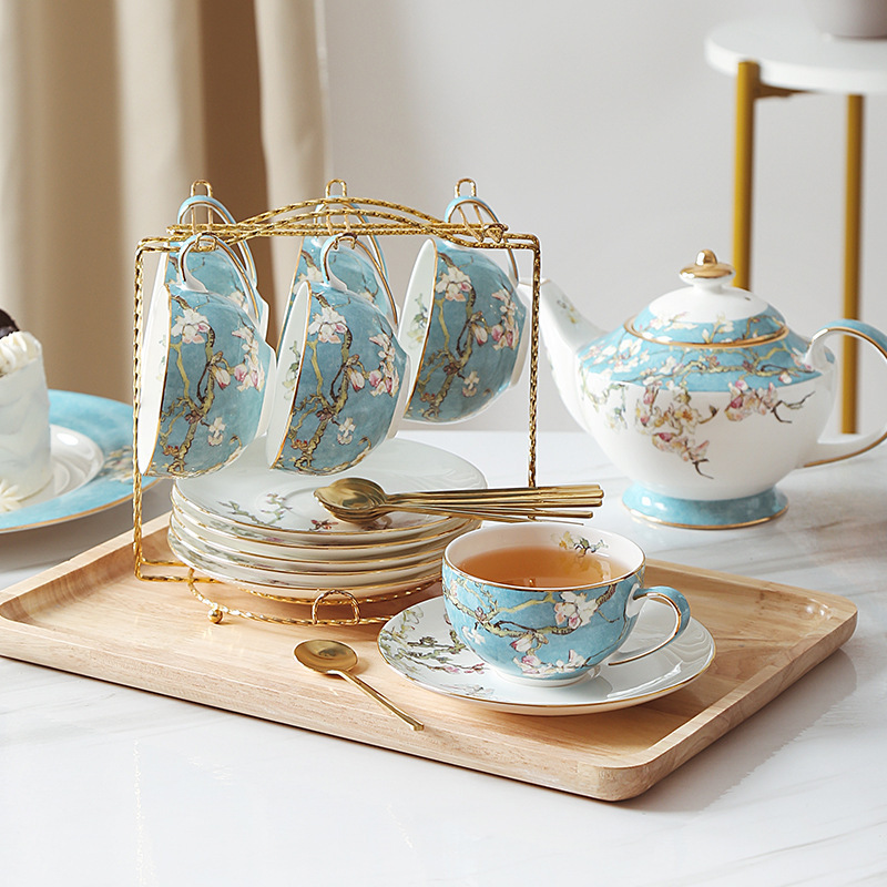 Full Drinkware Ceramic Teapot Elegant Coffee Tea Cup Set Royal Modern Bone Porcelain Tea Set with Metal Holder Afternoon Tea Set