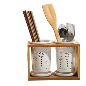 Lanfengye Hot Sale Storage Kitchenware Utensil Chopstick Spoon Fork  Holder Kitchenware Holder Set with Wooden Stand