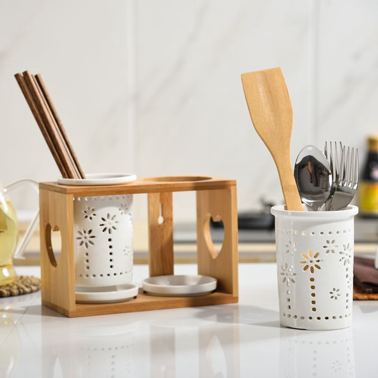 Lanfengye Hot Sale Storage Kitchenware Utensil Chopstick Spoon Fork  Holder Kitchenware Holder Set with Wooden Stand