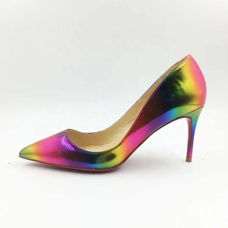 Rainbow Color Changed Pointed Toe Women Shallow Stilettos High Heels Extra Size 34-45 Elegant Luxury Shoes Red Bottom