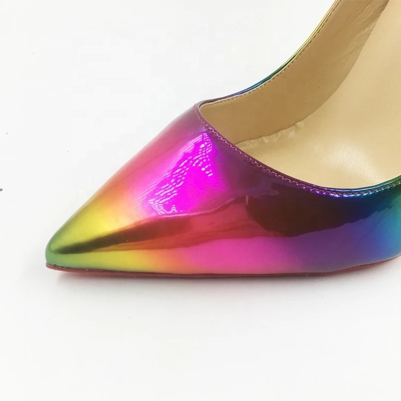 Rainbow Color Changed Pointed Toe Women Shallow Stilettos High Heels Extra Size 34-45 Elegant Luxury Shoes Red Bottom