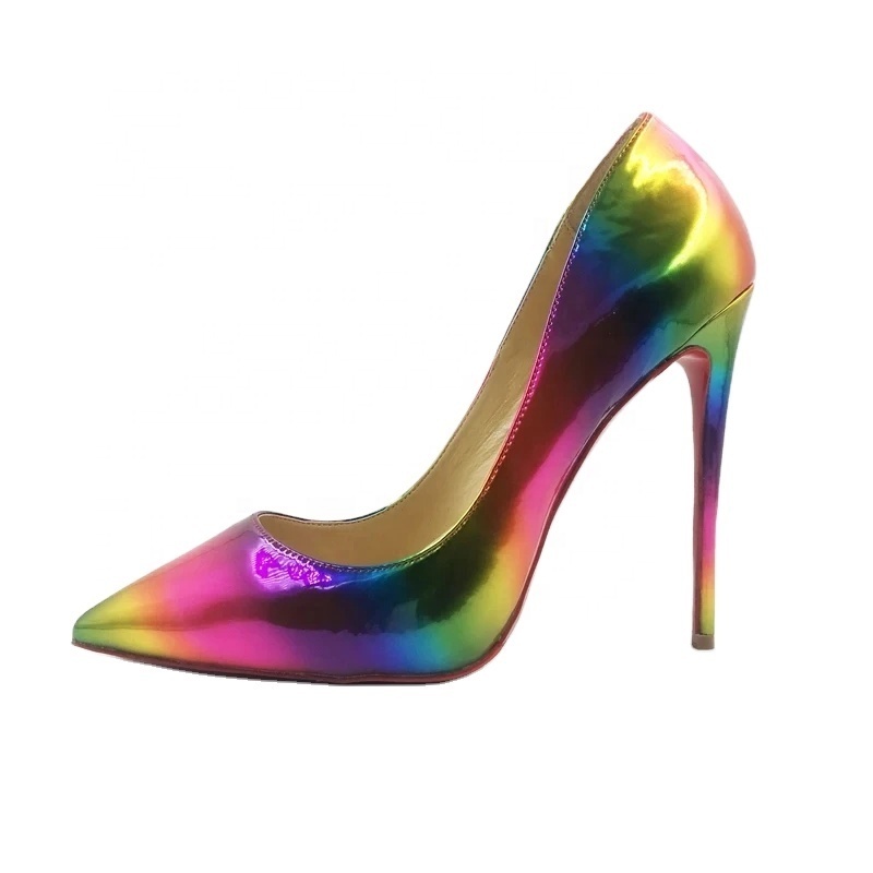 Rainbow Color Changed Pointed Toe Women Shallow Stilettos High Heels Extra Size 34-45 Elegant Luxury Shoes Red Bottom