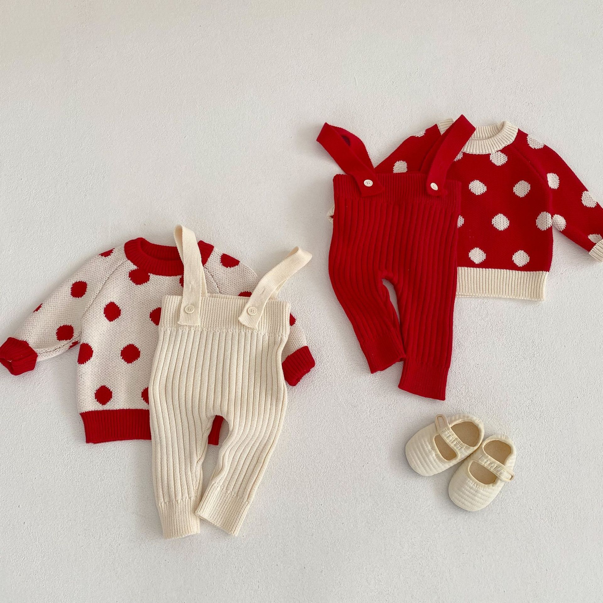 Autumn Girls 100% cotton dot sweater+ pants 2-Piece Infant Set Fashion Babys crochet red white Clothes