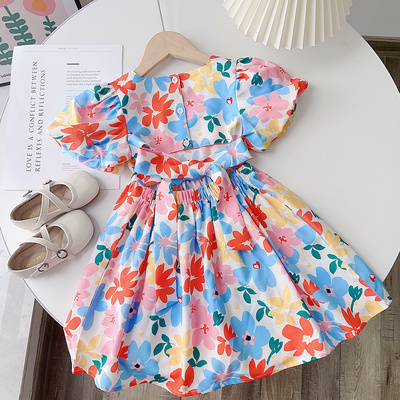 Girl Summer Floral Dress for Children Summer Puff Sleeve Short Sleeve Dress