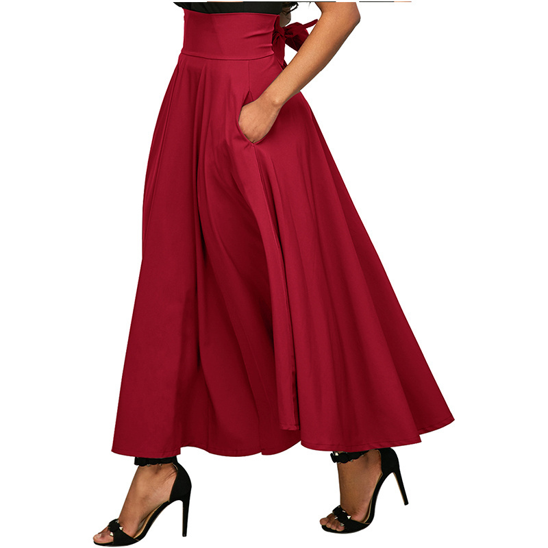 Women Girls Solid Color Bow Belt Big Swing Pleated Long All Match Maxi Skirt Fit High Waist Lady Pleated Long Maxi Skirt