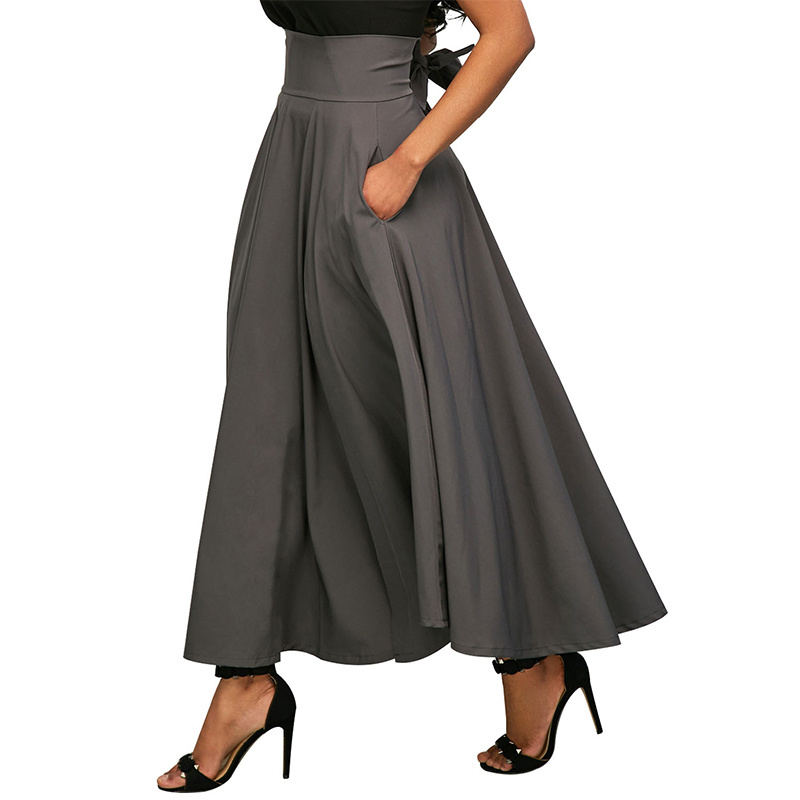 Women Girls Solid Color Bow Belt Big Swing Pleated Long All Match Maxi Skirt Fit High Waist Lady Pleated Long Maxi Skirt