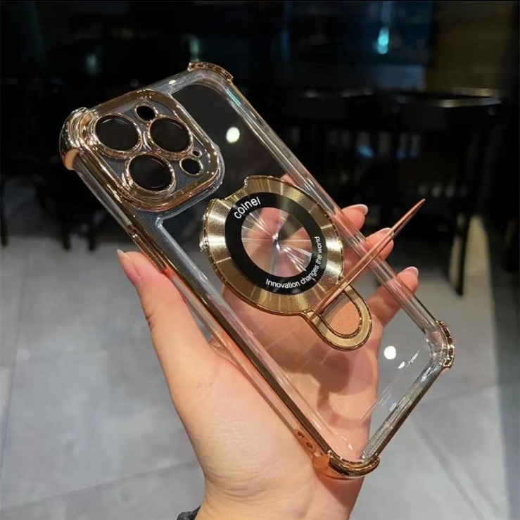 New Transparent Acrylic Space Shockproof Cover With Metal Ring Holder Electroplated Phone Case For iPhone 11 12 13 14 15 Pro Max