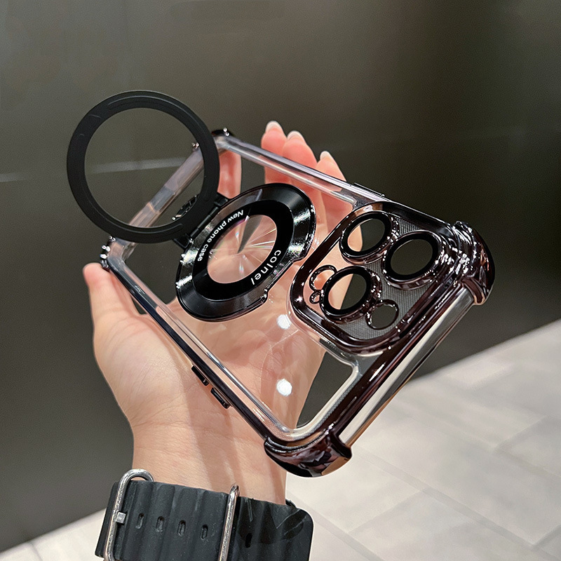 New Transparent Acrylic Space Shockproof Cover With Metal Ring Holder Electroplated Phone Case For iPhone 11 12 13 14 15 Pro Max