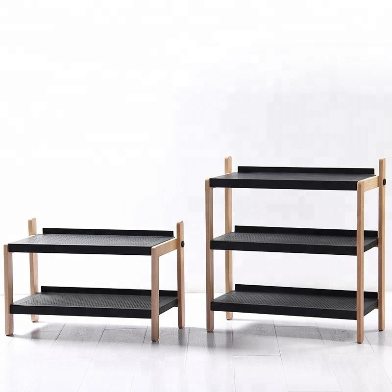 High quality Modern Living Room Furniture Black metal shoe rack 2 3 tier with ash wood frame for home