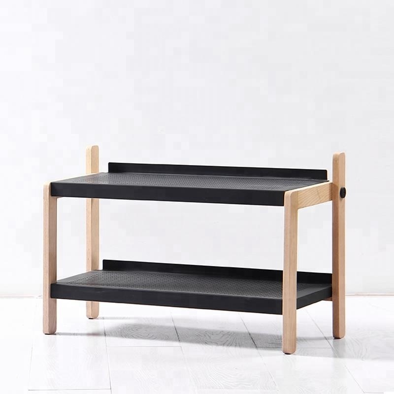 High quality Modern Living Room Furniture Black metal shoe rack 2 3 tier with ash wood frame for home