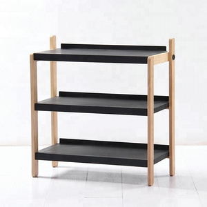 High quality Modern Living Room Furniture Black metal shoe rack 2 3 tier with ash wood frame for home