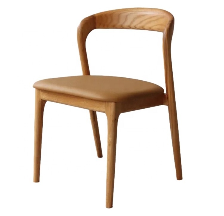 Nordic French Style Dining Room Furniture Rubber Ash Wooden Dining Chairs Curved Back PU Leather Seat Chair