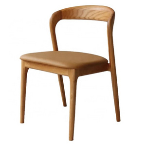 Nordic French Style Dining Room Furniture Rubber Ash Wooden Dining Chairs Curved Back PU Leather Seat Chair