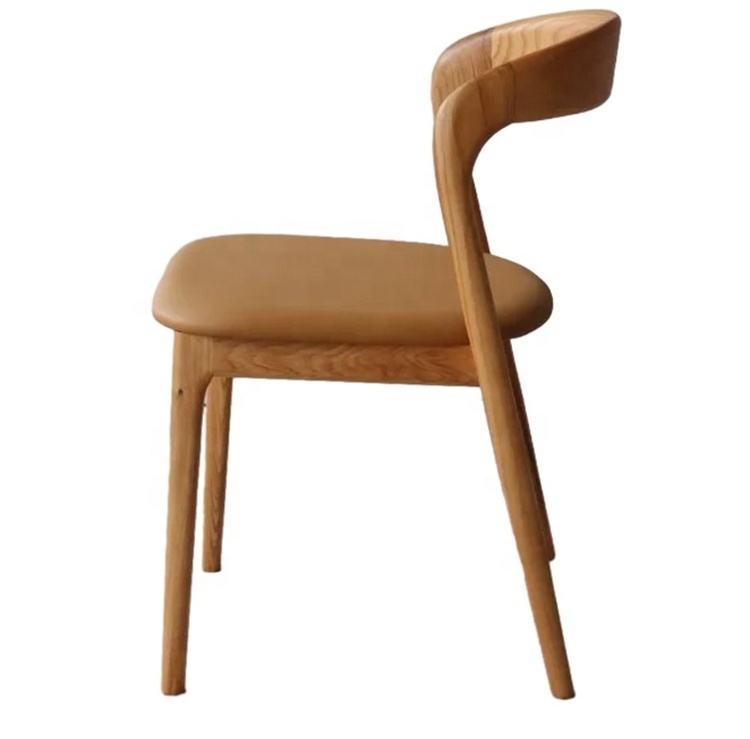 Nordic French Style Dining Room Furniture Rubber Ash Wooden Dining Chairs Curved Back PU Leather Seat Chair