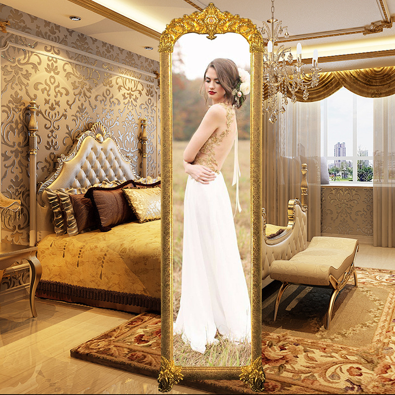 Hot selling ornat gold antique frame stand floor full length dressing mirror