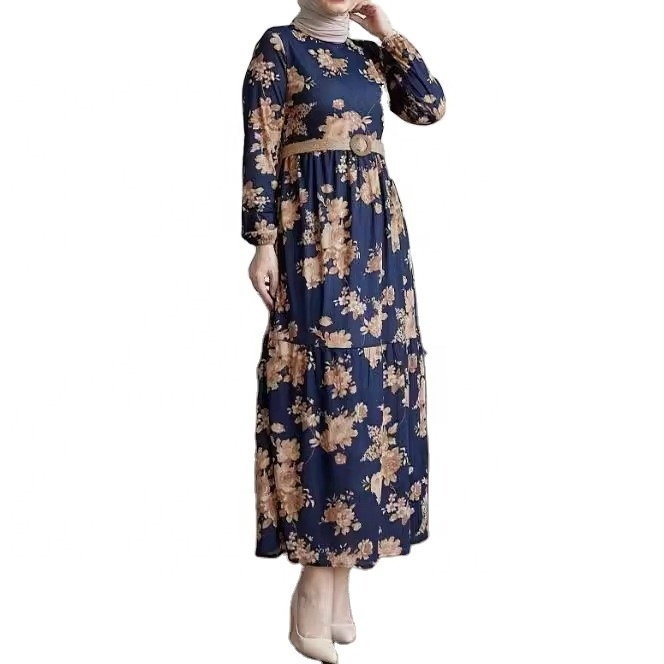 Middle Eastern Muslim New Flower Bag Sleeves Long Style with Belt Fashionable and Elegant Dress