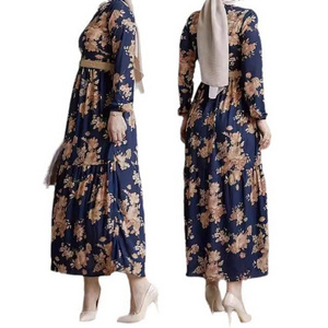 Middle Eastern Muslim New Flower Bag Sleeves Long Style with Belt Fashionable and Elegant Dress