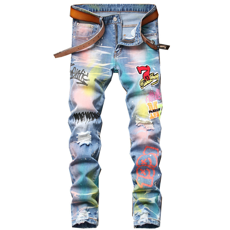 Original design new European and American trend men's pants men's ripped patch elastic small straight leg elastic jeans