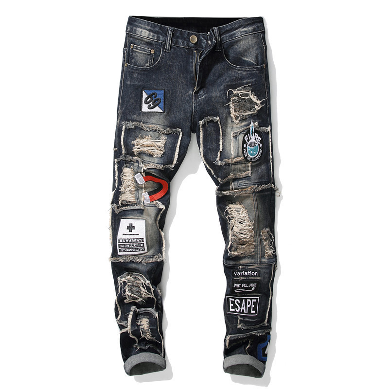 Original design new European and American trend men's pants men's ripped patch elastic small straight leg elastic jeans