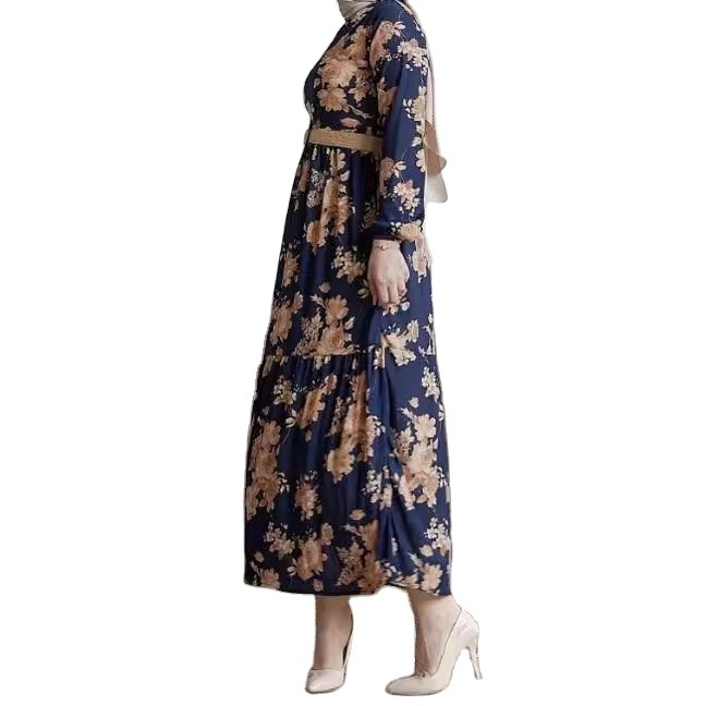 Middle Eastern Muslim New Flower Bag Sleeves Long Style with Belt Fashionable and Elegant Dress