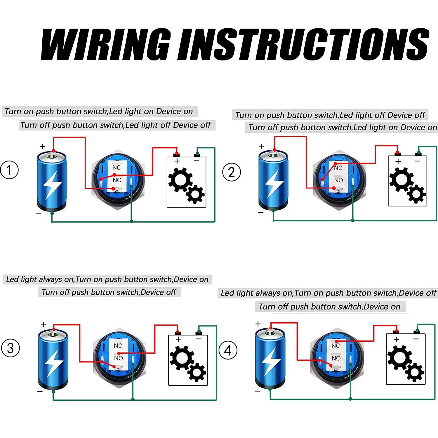 12V ON/Off 1NO1NC SPDT Black Metal with Red Power Symbol Light 19mm ...