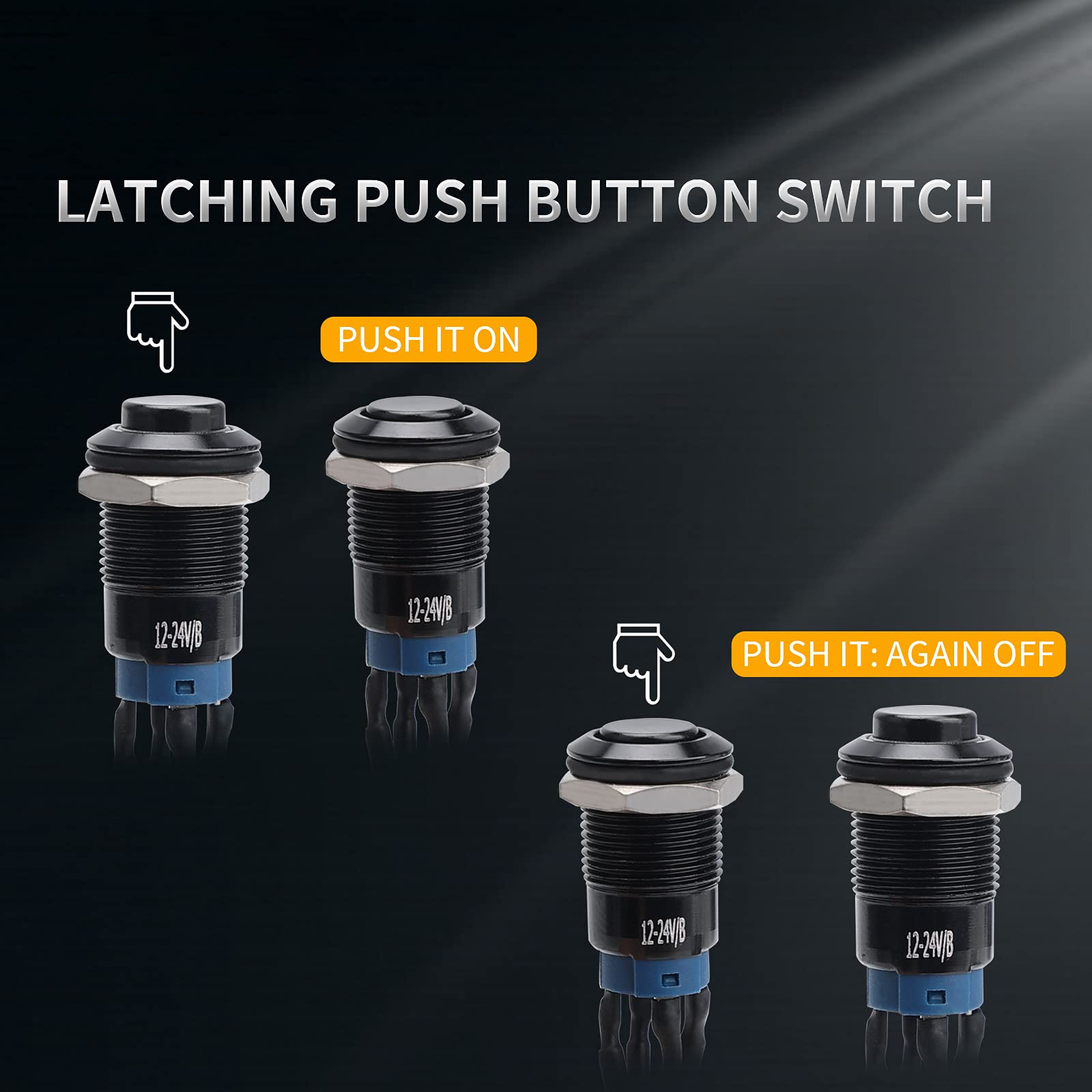 12mm Latching Metal Momentary Switch Black Shell IP65 Waterproof Push Button Switch,1NO 1 Normally,Self-Locking with LED