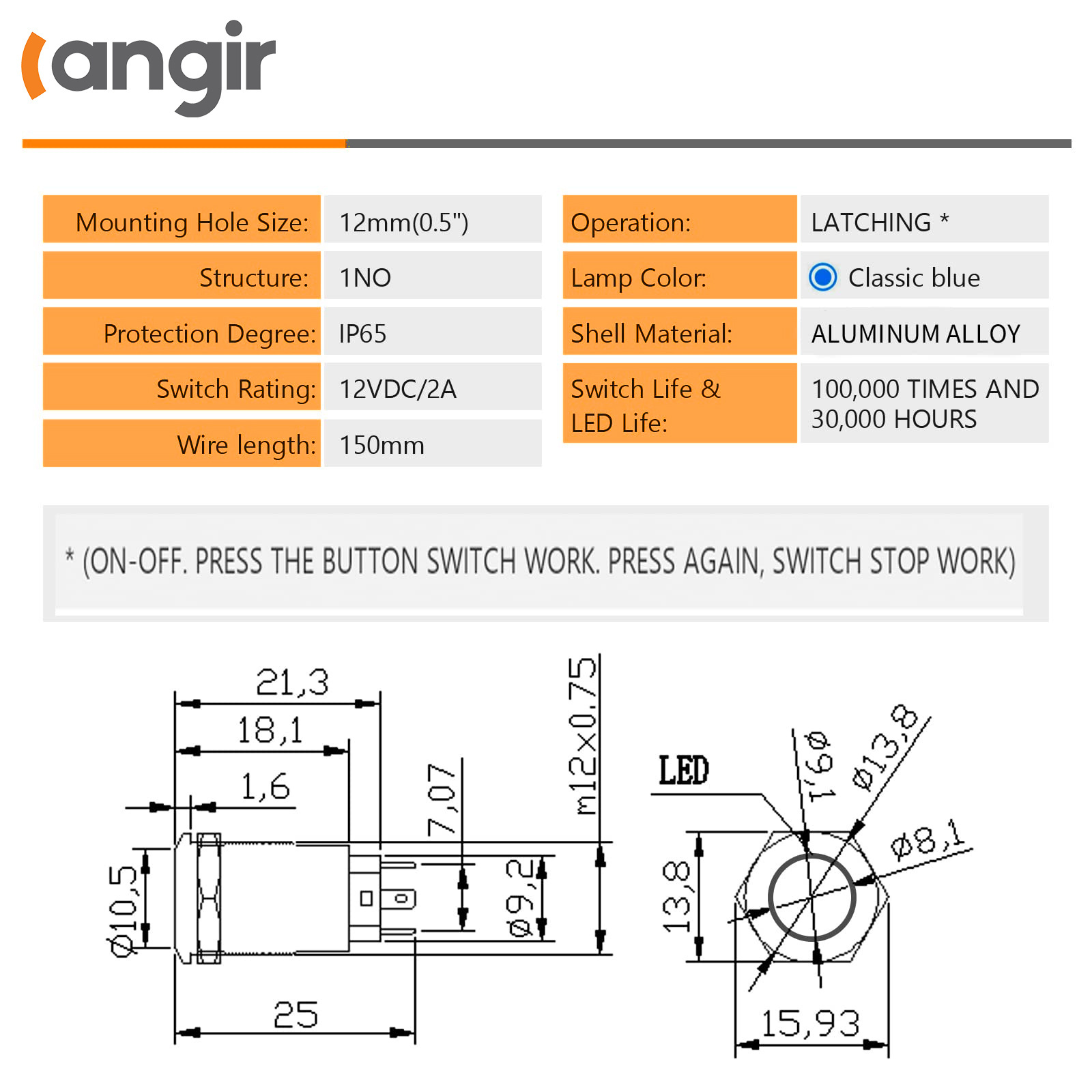 12mm Latching Metal Momentary Switch Black Shell IP65 Waterproof Push Button Switch,1NO 1 Normally,Self-Locking with LED