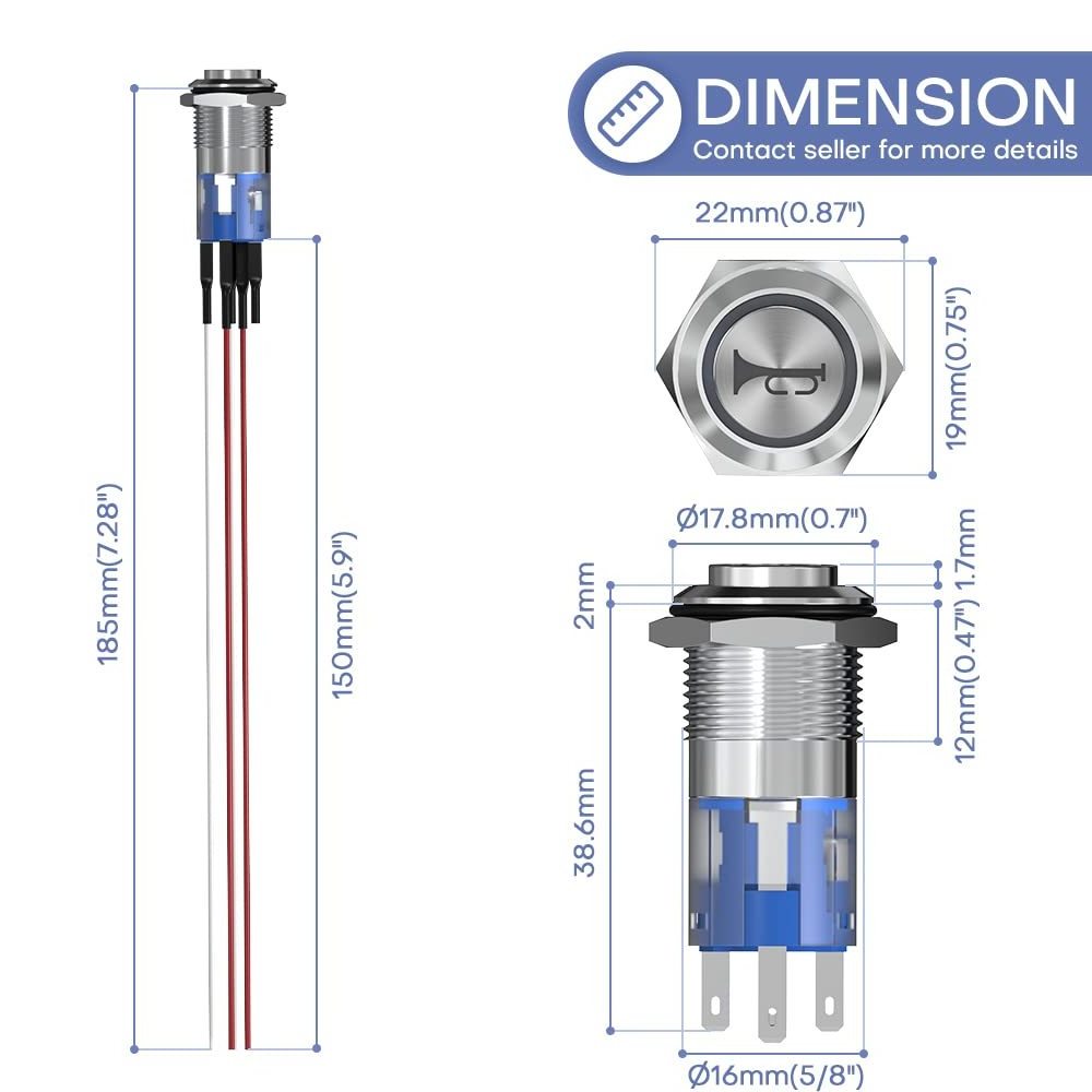 Momentary Speaker Horn Push Button Switch 16mm 12V High-Cap 1NO1NC SPDT Off/ON IP67 Waterproof Stainless Steel Pushbutton Switch