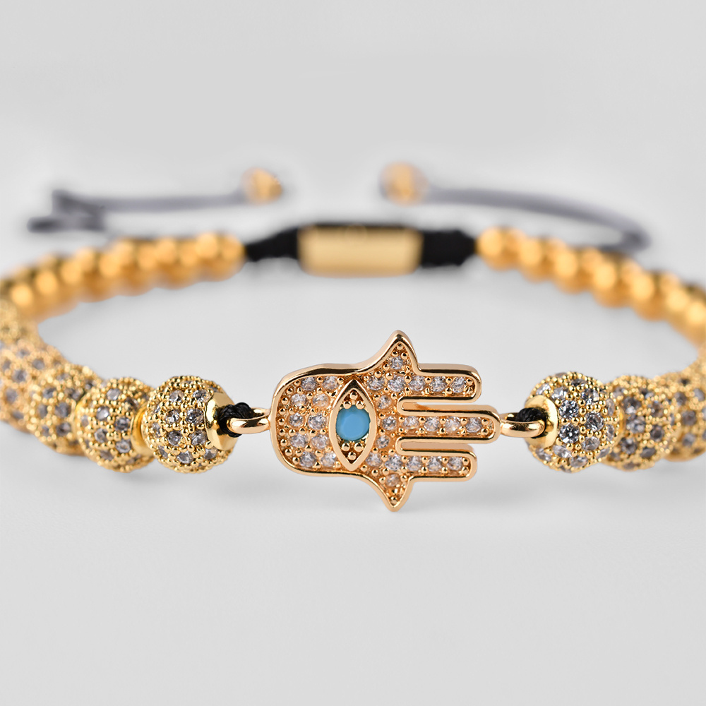 F303 Gold Plated Micro Inlay Zircon CZ Balls Eye Hamsa Fatima Hand Braiding Adjustable Bracelet