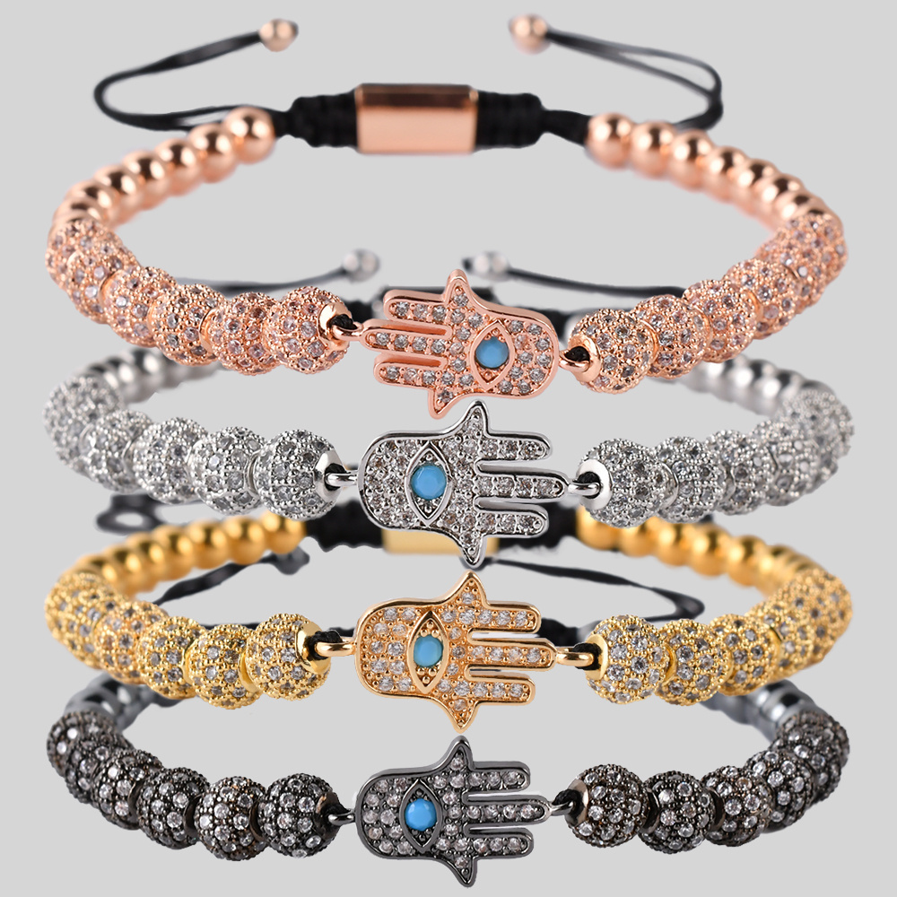 F303 Gold Plated Micro Inlay Zircon CZ Balls Eye Hamsa Fatima Hand Braiding Adjustable Bracelet