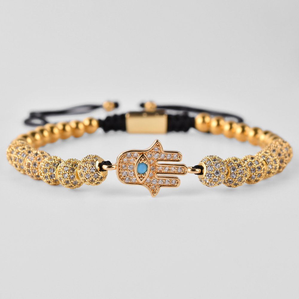 F303 Gold Plated Micro Inlay Zircon CZ Balls Eye Hamsa Fatima Hand Braiding Adjustable Bracelet