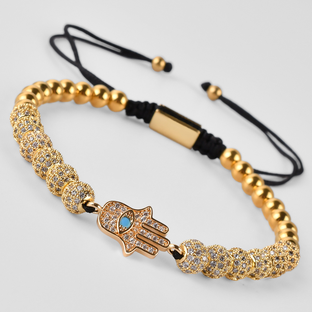 F303 Gold Plated Micro Inlay Zircon CZ Balls Eye Hamsa Fatima Hand Braiding Adjustable Bracelet