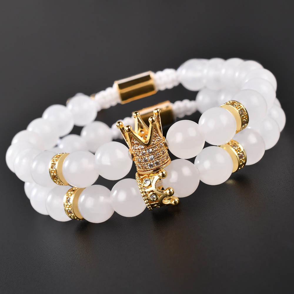 F305 Handmade Crown Charm Classic Natural Stone Milky Jade Beads Bracelets  Men Women Couple Macrame Bracelet