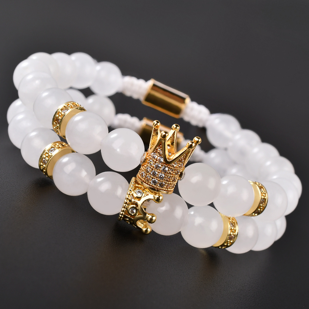 F305 Handmade Crown Charm Classic Natural Stone Milky Jade Beads Bracelets  Men Women Couple Macrame Bracelet