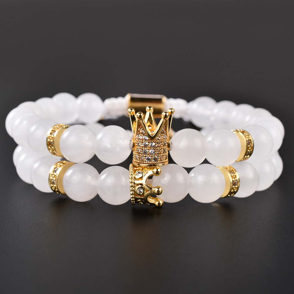 F305 Handmade Crown Charm Classic Natural Stone Milky Jade Beads Bracelets  Men Women Couple Macrame Bracelet