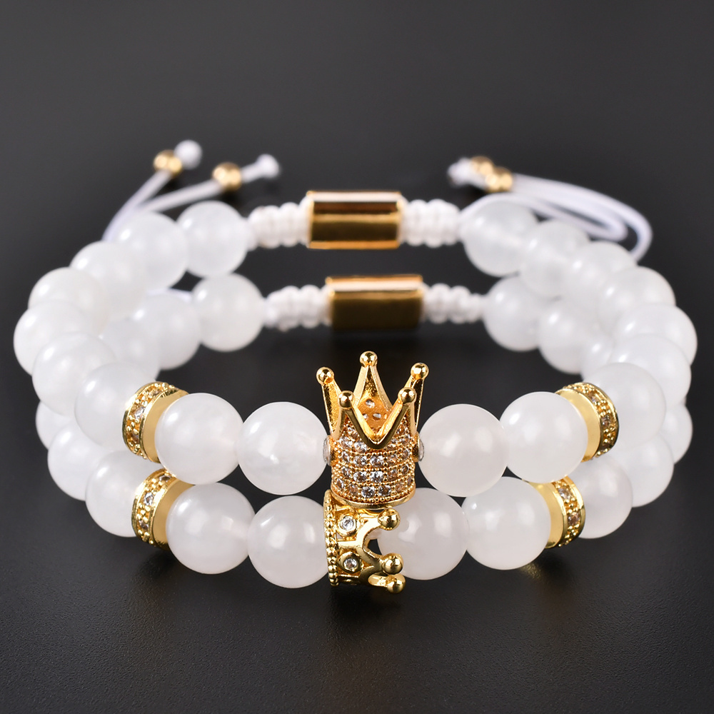 F305 Handmade Crown Charm Classic Natural Stone Milky Jade Beads Bracelets  Men Women Couple Macrame Bracelet