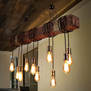 Industrial style Large Long Industrial Vintage Lamp E14 Bulbs Rustic Iron Wooden Chandelier Lighting Camp Pendant Light