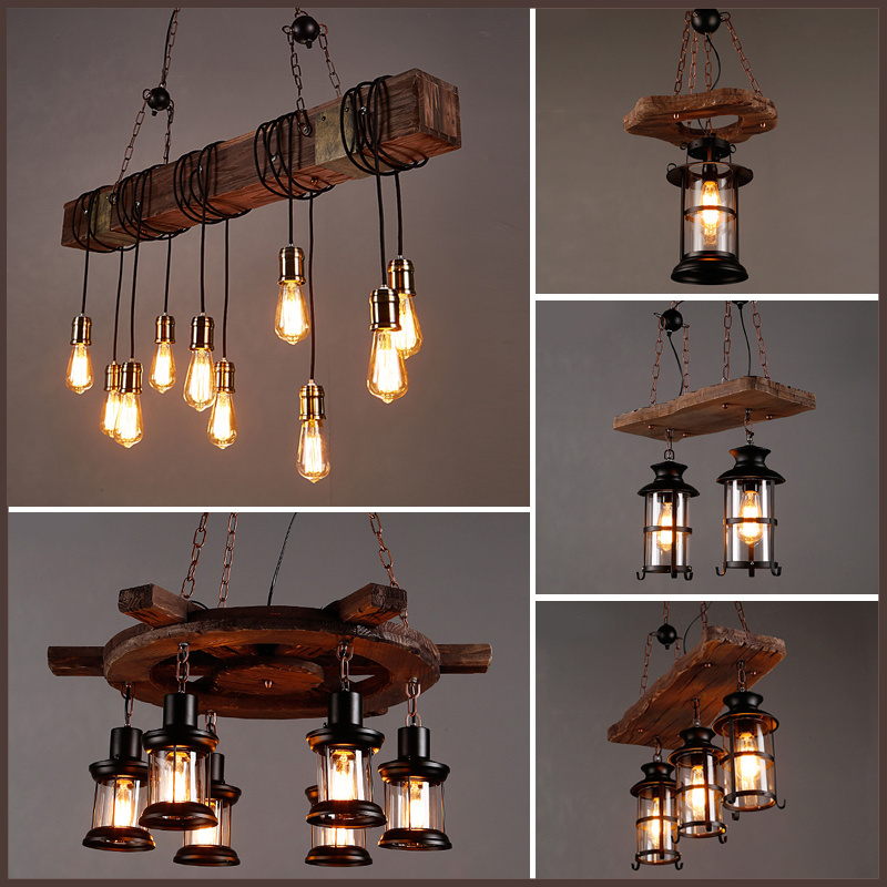 Industrial style Large Long Industrial Vintage Lamp E14 Bulbs Rustic Iron Wooden Chandelier Lighting Camp Pendant Light