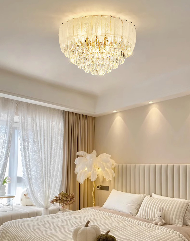 Feather Shape Golden Luxury Lamp Ceiling Lighting Wedding Decor Bedroom Hotel Lamp Corridor Staircase High Ceiling