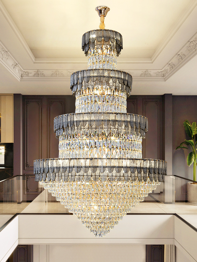 Modern Luxury Penthouse Crystal Chandelier Light Villa Lift Empty Living Room Building Middle Floor Hall Lift High Lamps